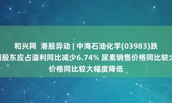 和兴网  港股异动 | 中海石油化学(03983)跌近3% 中期股东应占溢利同比减少6.74% 尿素销售价格同比较大幅度降低