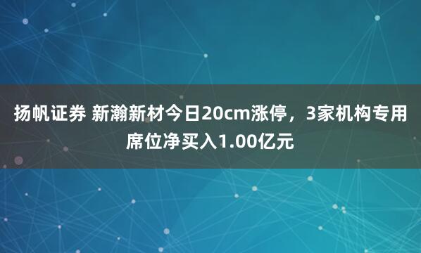 扬帆证券 新瀚新材今日20cm涨停,3家机构专用席位净买入1.00亿元
